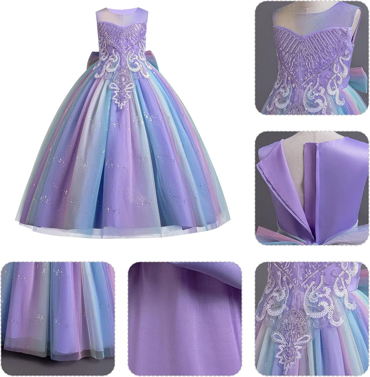 IDOPIP Sequin Flower Girl Dress for Kids Wedding Bridesmaid Pageant Party Formal Long Gown Princess Communion Tulle Dresses