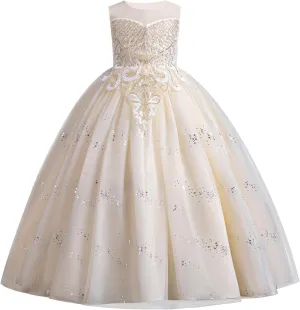 IDOPIP Sequin Flower Girl Dress for Kids Wedding Bridesmaid Pageant Party Formal Long Gown Princess Communion Tulle Dresses