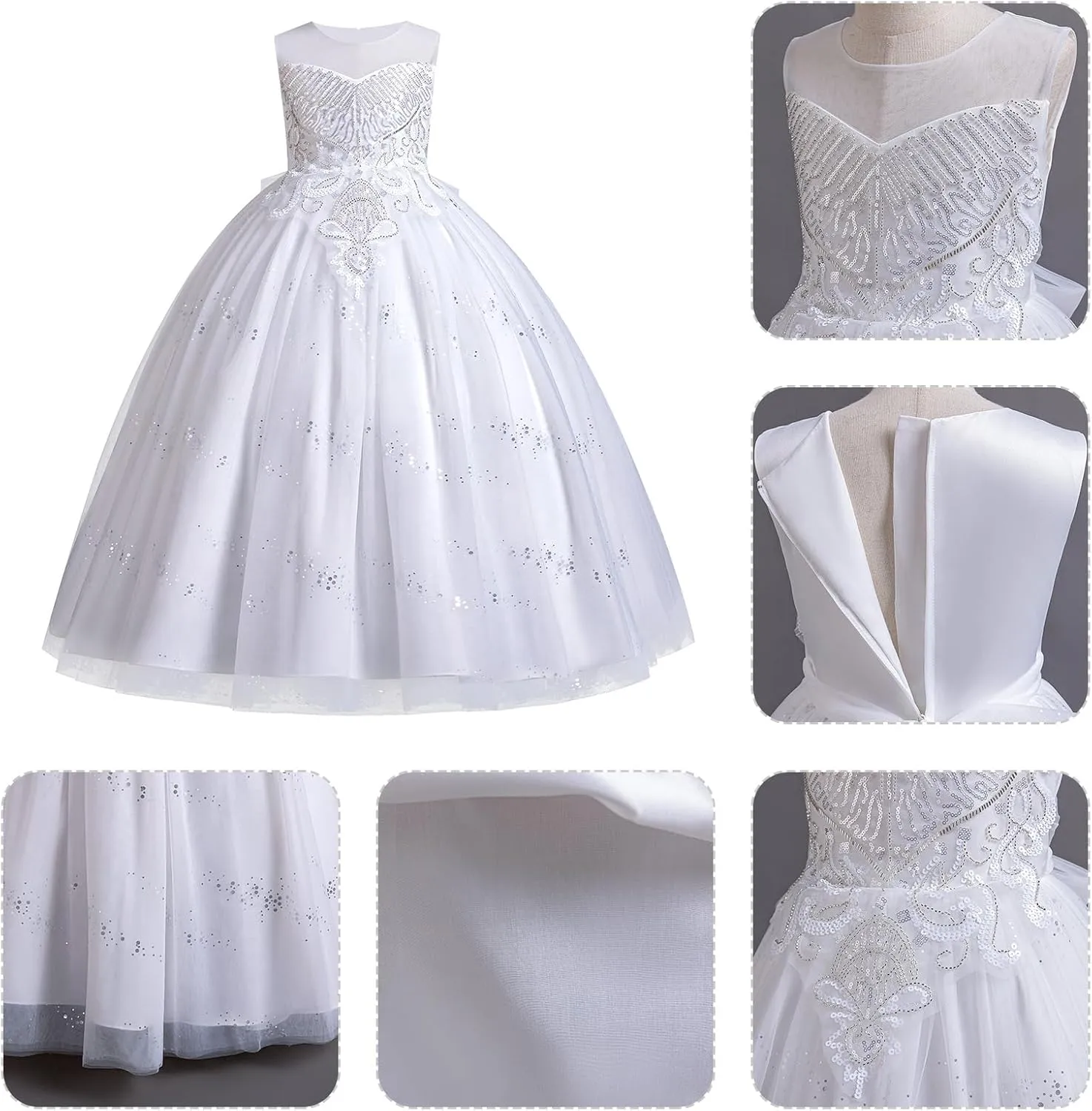 IDOPIP Sequin Flower Girl Dress for Kids Wedding Bridesmaid Pageant Party Formal Long Gown Princess Communion Tulle Dresses