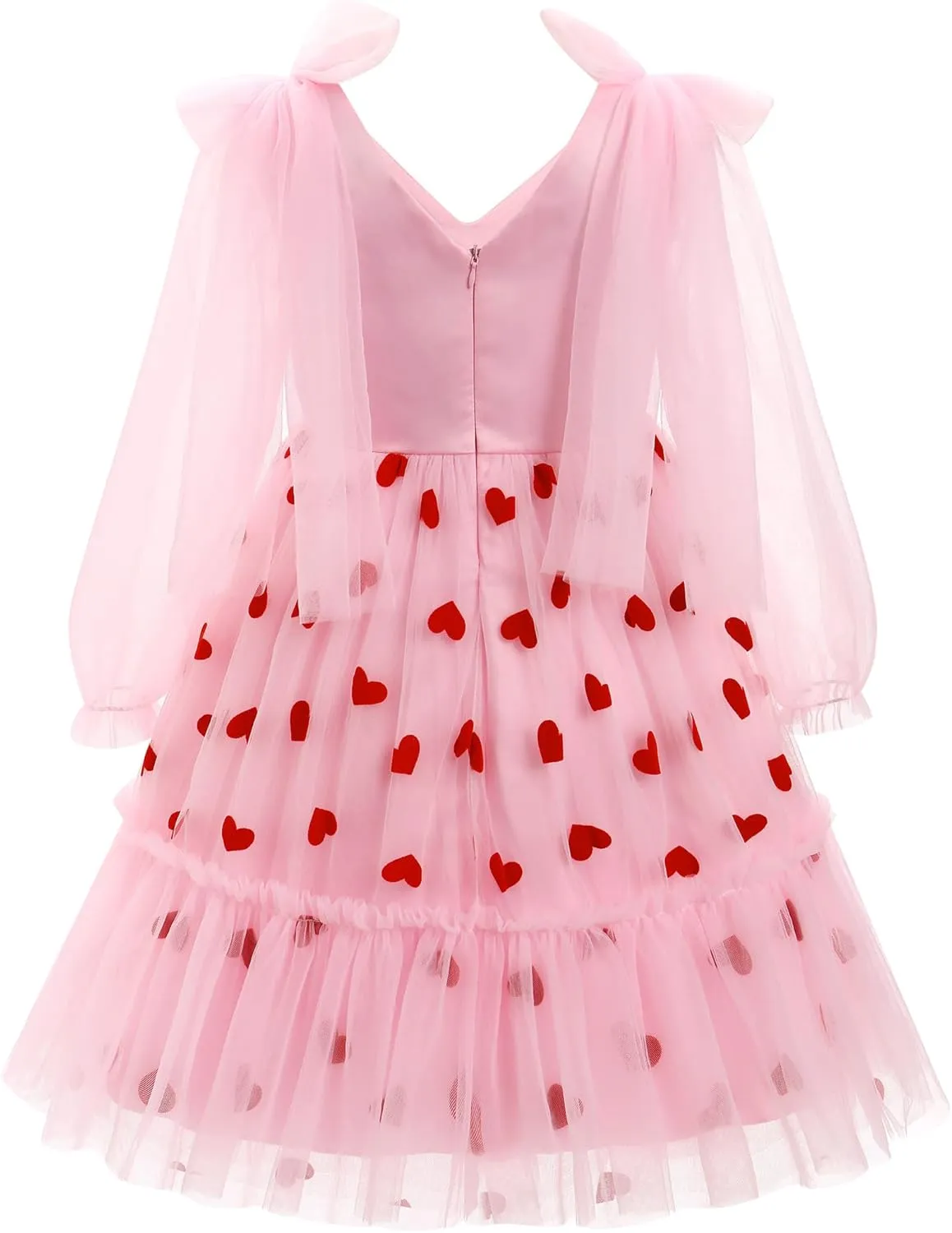 IDOPIP Toddler Girls Tutu Dress Mesh Long Sleeve Strawberry Heart Valentine Birthday Party Dresses Pageant Ruffle Tulle Gown