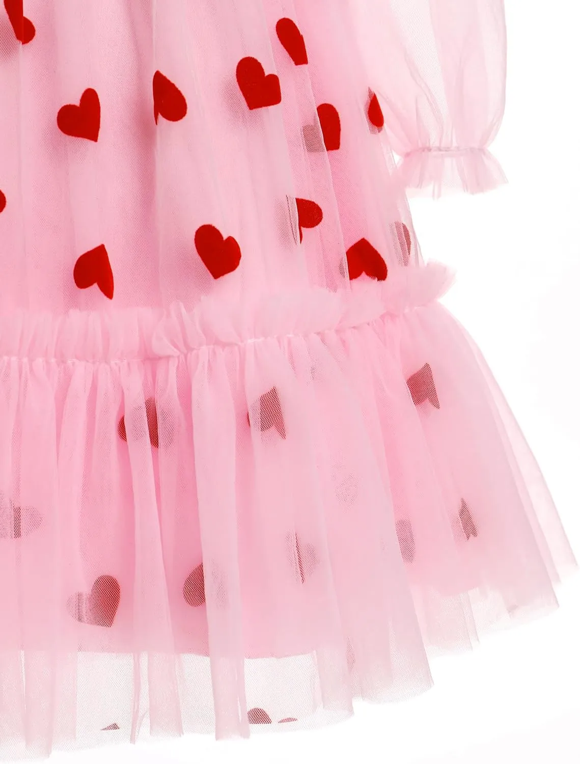IDOPIP Toddler Girls Tutu Dress Mesh Long Sleeve Strawberry Heart Valentine Birthday Party Dresses Pageant Ruffle Tulle Gown