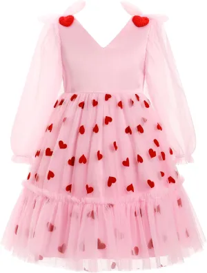IDOPIP Toddler Girls Tutu Dress Mesh Long Sleeve Strawberry Heart Valentine Birthday Party Dresses Pageant Ruffle Tulle Gown