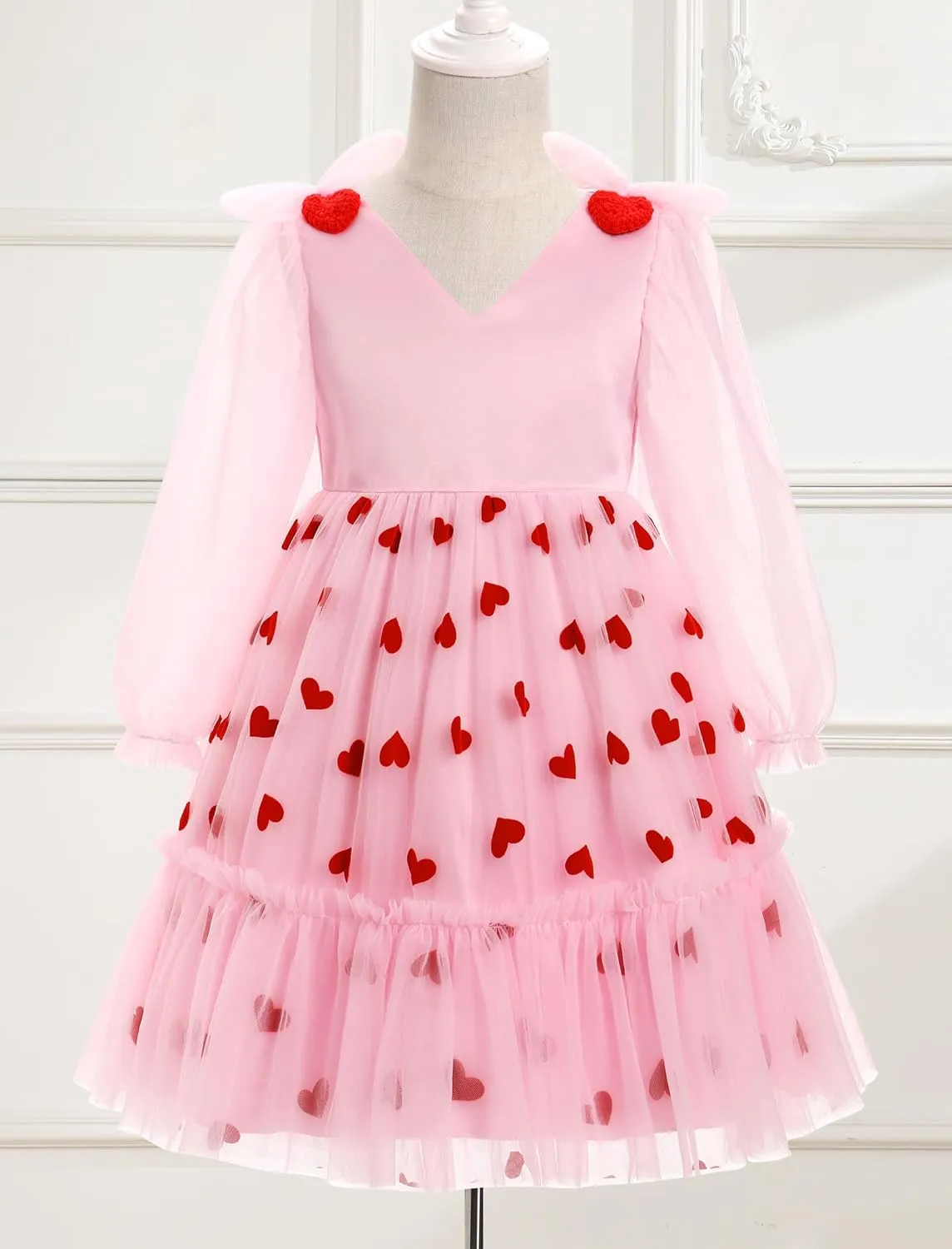 IDOPIP Toddler Girls Tutu Dress Mesh Long Sleeve Strawberry Heart Valentine Birthday Party Dresses Pageant Ruffle Tulle Gown