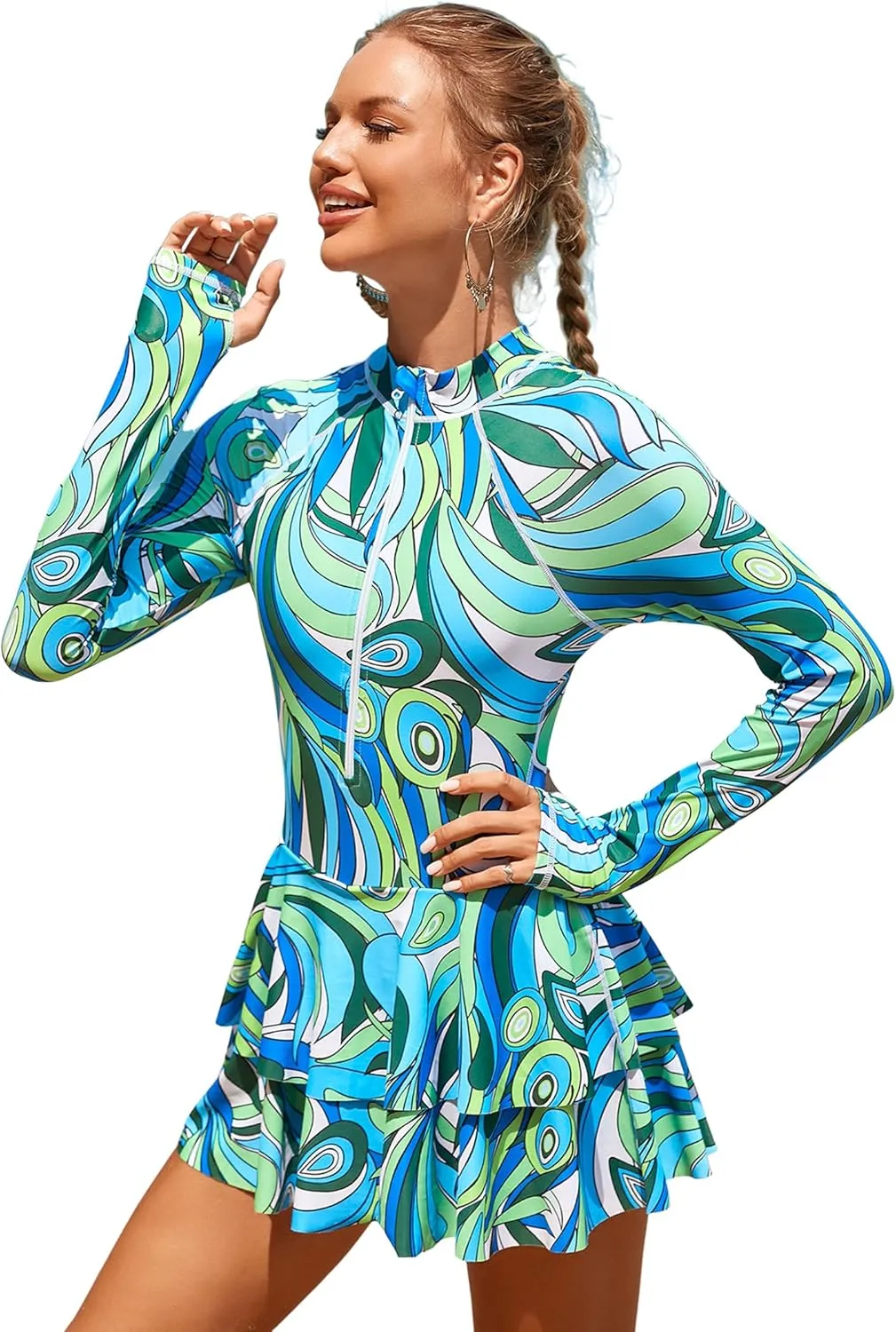 IDOPIP Women Rash Guard One Piece Swimsuit Bathing Suit Printed Long Sleeve Swimsuits Dress UV UPF 50  Swim Shirt with Shorts