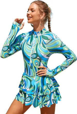 IDOPIP Women Rash Guard One Piece Swimsuit Bathing Suit Printed Long Sleeve Swimsuits Dress UV UPF 50  Swim Shirt with Shorts