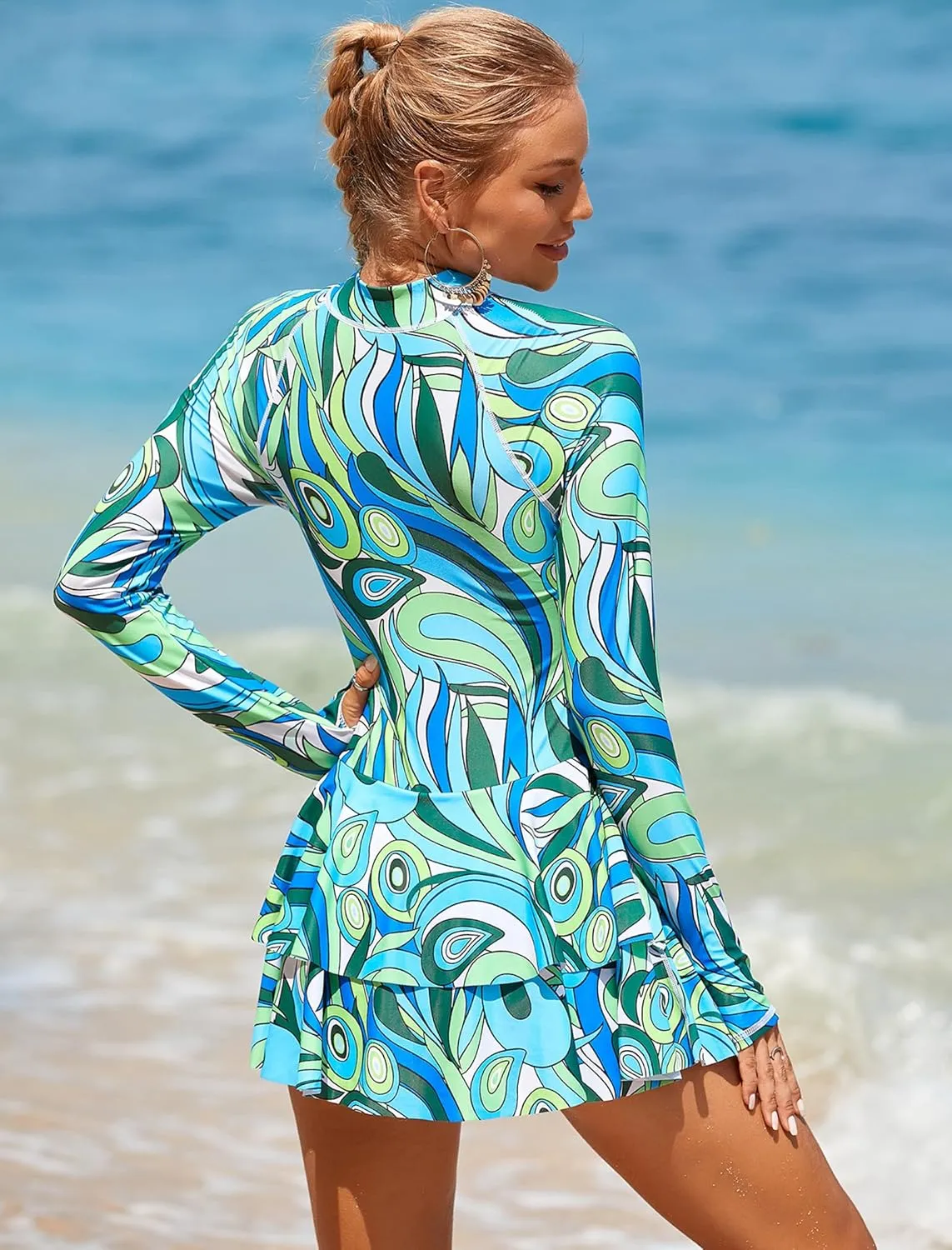 IDOPIP Women Rash Guard One Piece Swimsuit Bathing Suit Printed Long Sleeve Swimsuits Dress UV UPF 50  Swim Shirt with Shorts