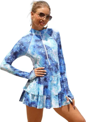 IDOPIP Women Rash Guard One Piece Swimsuit Bathing Suit Printed Long Sleeve Swimsuits Dress UV UPF 50  Swim Shirt with Shorts