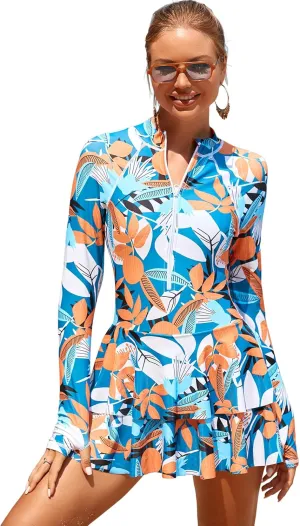 IDOPIP Women Rash Guard One Piece Swimsuit Bathing Suit Printed Long Sleeve Swimsuits Dress UV UPF 50  Swim Shirt with Shorts
