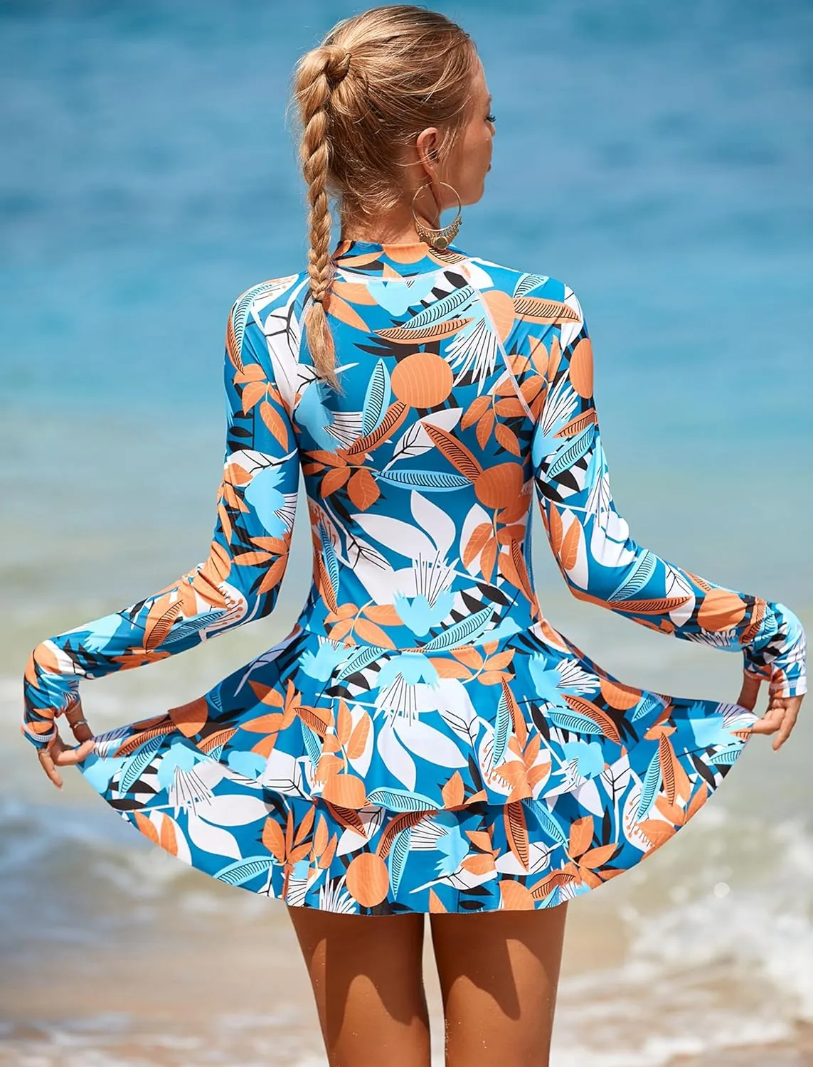 IDOPIP Women Rash Guard One Piece Swimsuit Bathing Suit Printed Long Sleeve Swimsuits Dress UV UPF 50  Swim Shirt with Shorts