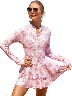 IDOPIP Women Rash Guard One Piece Swimsuit Bathing Suit Printed Long Sleeve Swimsuits Dress UV UPF 50  Swim Shirt with Shorts