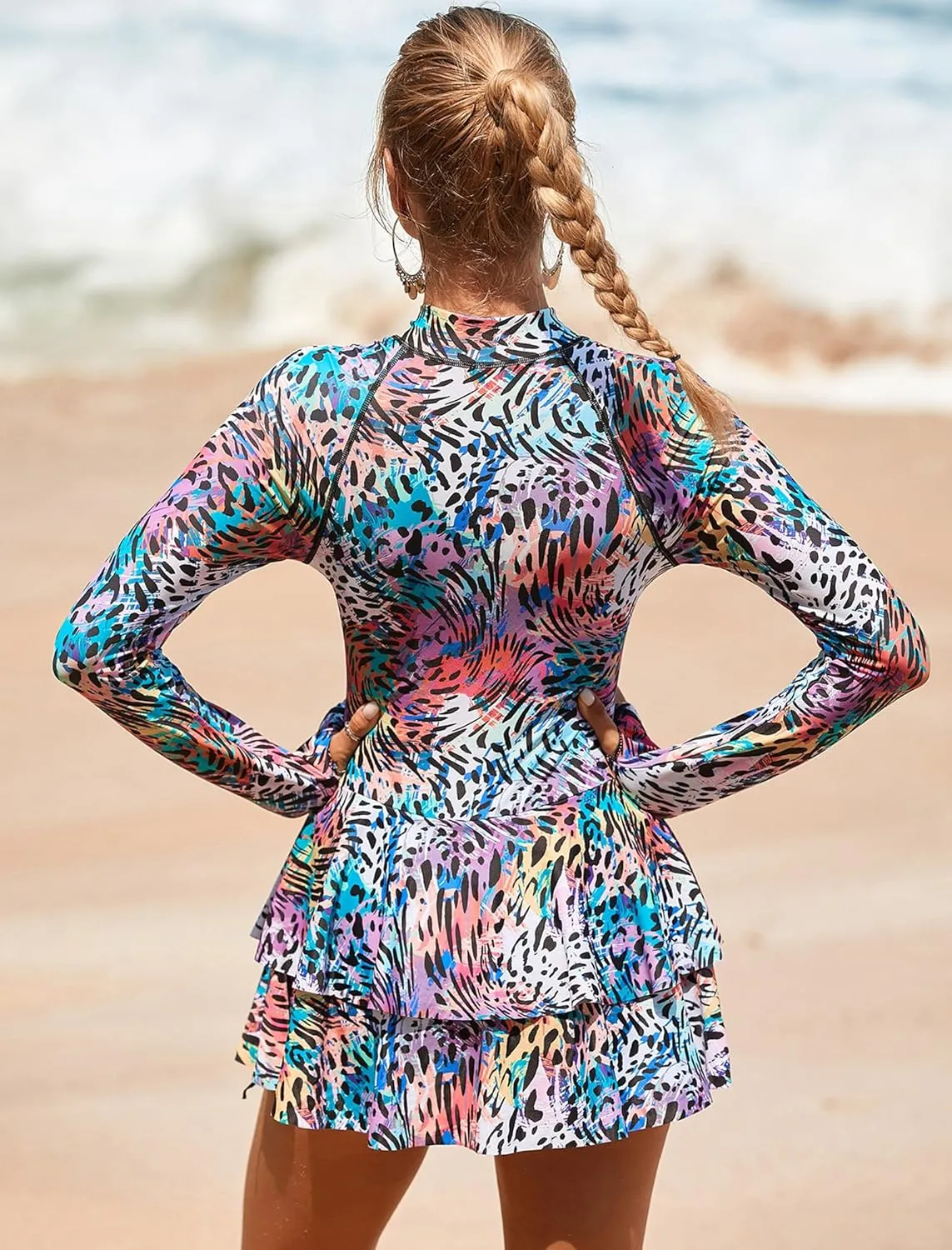 IDOPIP Women Rash Guard One Piece Swimsuit Bathing Suit Printed Long Sleeve Swimsuits Dress UV UPF 50  Swim Shirt with Shorts