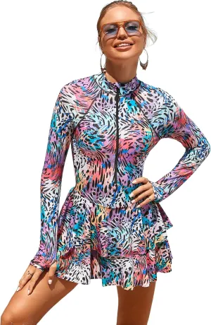 IDOPIP Women Rash Guard One Piece Swimsuit Bathing Suit Printed Long Sleeve Swimsuits Dress UV UPF 50  Swim Shirt with Shorts
