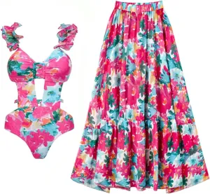 IDOPIP Women's One Piece Swimsuit with Beach Cover up Wrap Skirt Sarong Retro Floral Print Bikini Set Two Piece Bathing Suit