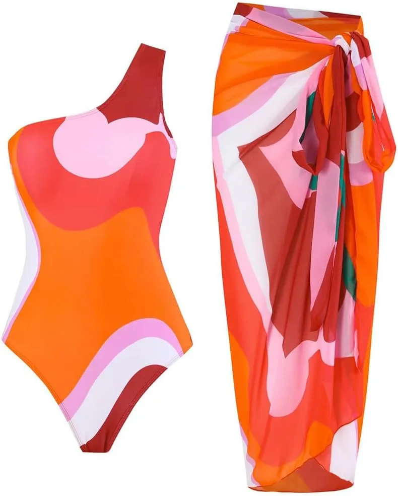 IDOPIP Women's One Piece Swimsuit with Beach Cover up Wrap Skirt Sarong Retro Floral Print Bikini Set Two Piece Bathing Suit