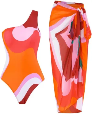 IDOPIP Women's One Piece Swimsuit with Beach Cover up Wrap Skirt Sarong Retro Floral Print Bikini Set Two Piece Bathing Suit