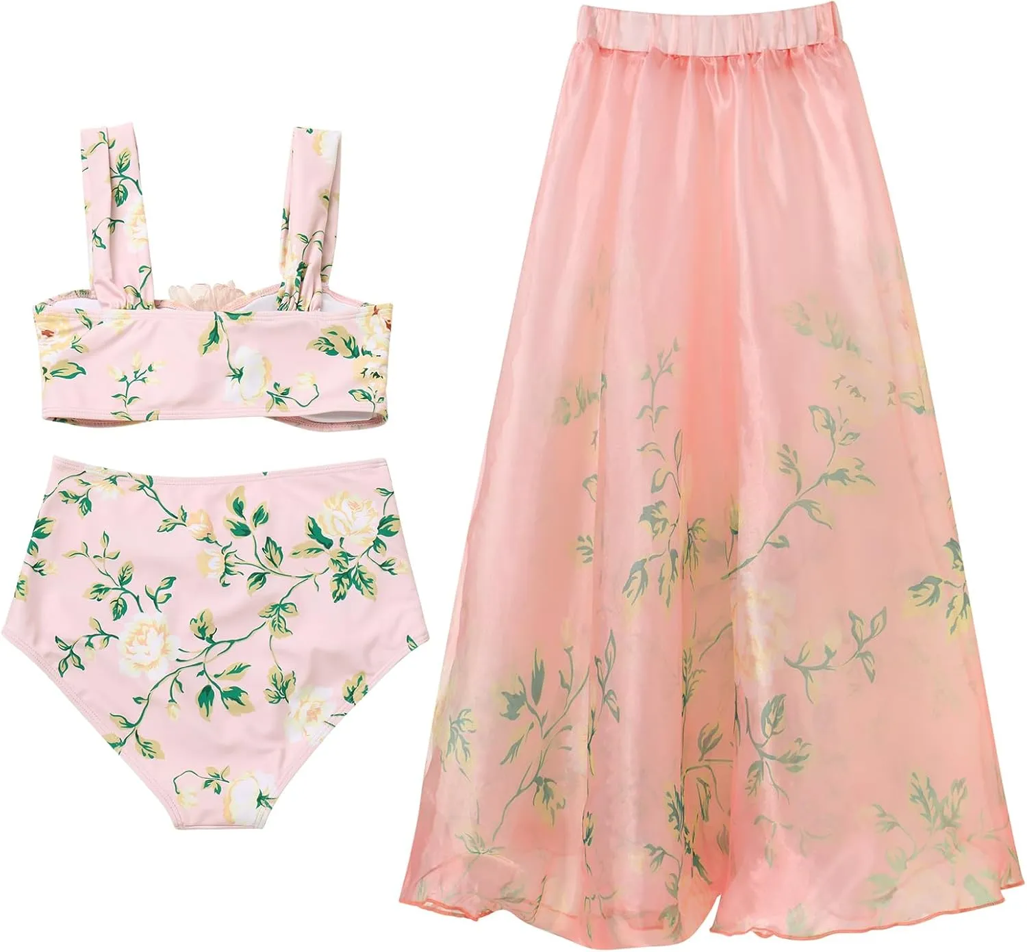 IDOPIP Women's One Piece Swimsuit with Beach Cover up Wrap Skirt Sarong Retro Floral Print Bikini Set Two Piece Bathing Suit