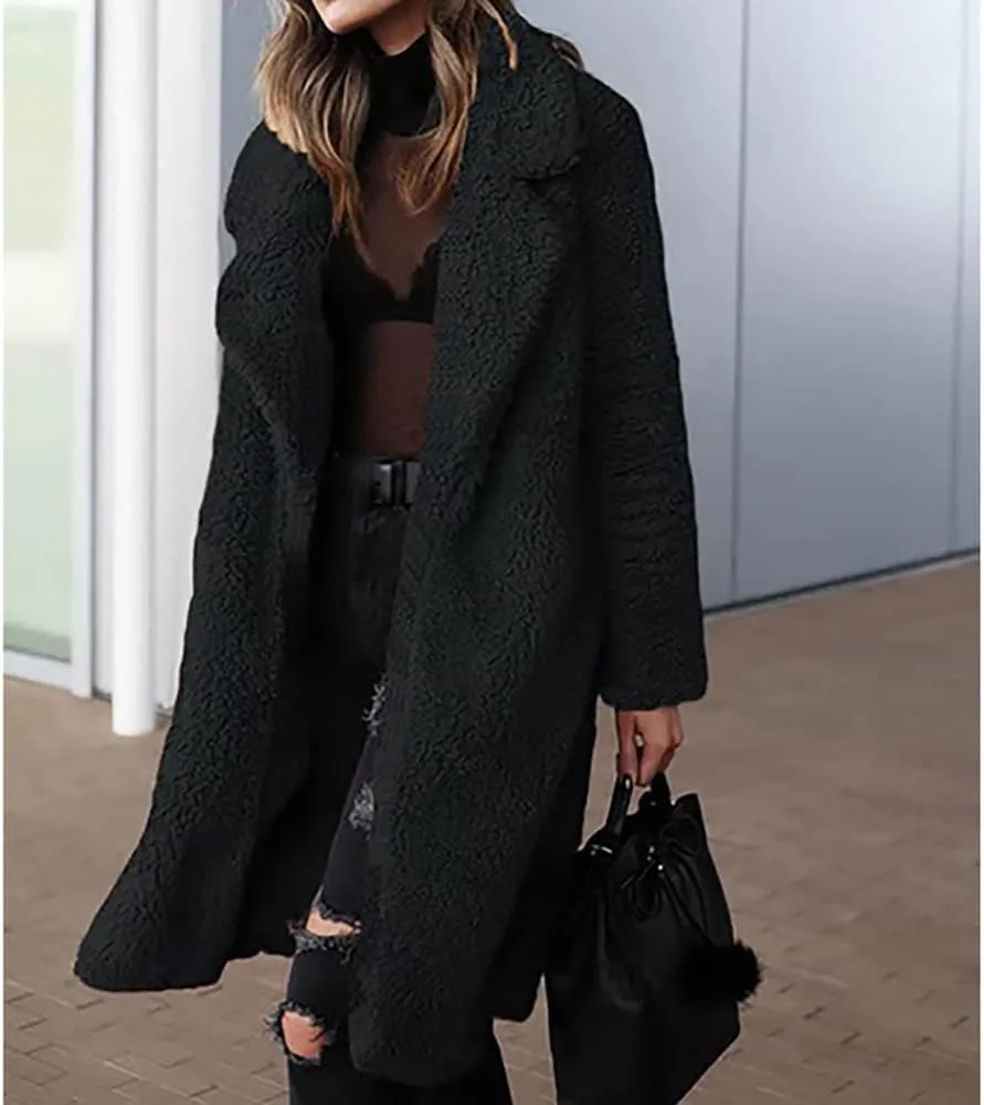 Janepam Women Furry Mid-Length Coat Jacket Oversized Notch Lapel Plus Size Solid Color Fleece Plain Cardigan Sherpa Outerwear