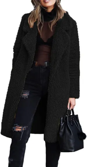 Janepam Women Furry Mid-Length Coat Jacket Oversized Notch Lapel Plus Size Solid Color Fleece Plain Cardigan Sherpa Outerwear
