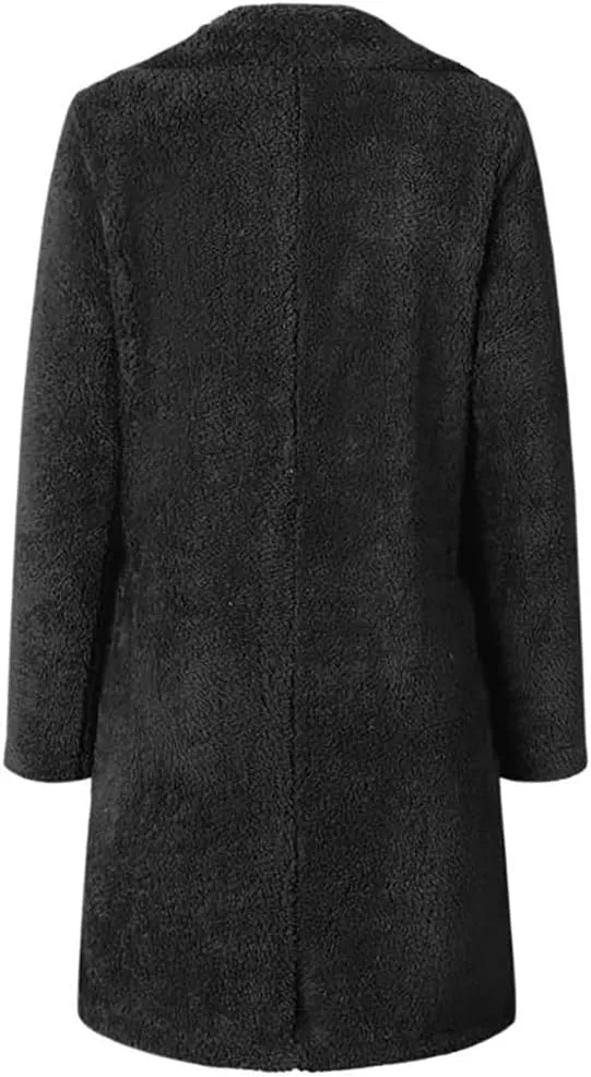 Janepam Women Furry Mid-Length Coat Jacket Oversized Notch Lapel Plus Size Solid Color Fleece Plain Cardigan Sherpa Outerwear