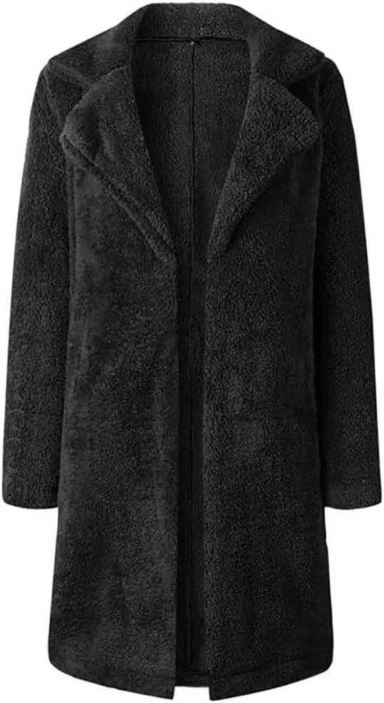 Janepam Women Furry Mid-Length Coat Jacket Oversized Notch Lapel Plus Size Solid Color Fleece Plain Cardigan Sherpa Outerwear
