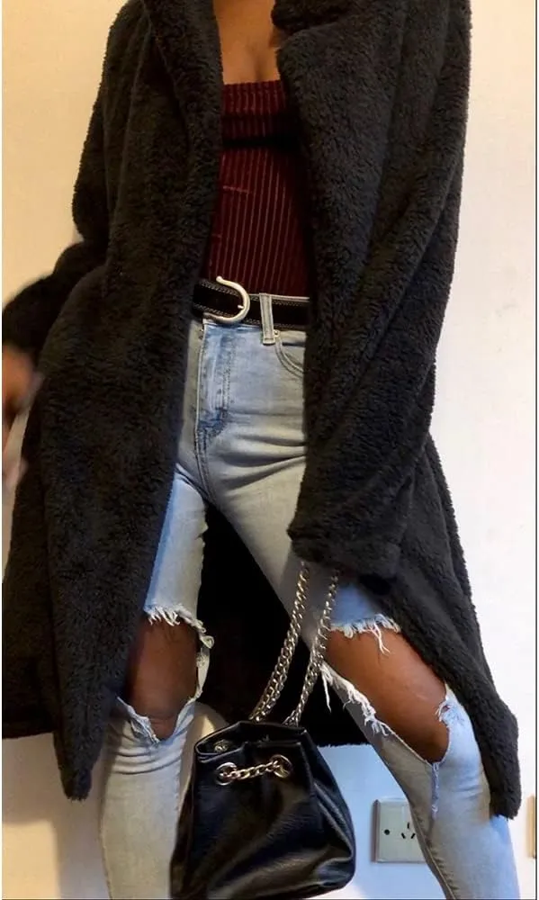 Janepam Women Furry Mid-Length Coat Jacket Oversized Notch Lapel Plus Size Solid Color Fleece Plain Cardigan Sherpa Outerwear