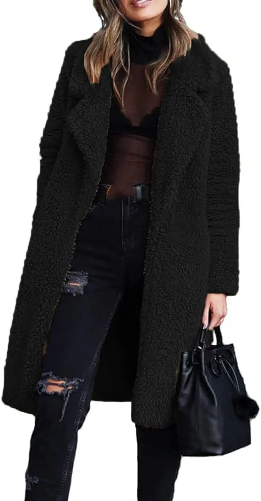 Janepam Women Furry Mid-Length Coat Jacket Oversized Notch Lapel Plus Size Solid Color Fleece Plain Cardigan Sherpa Outerwear