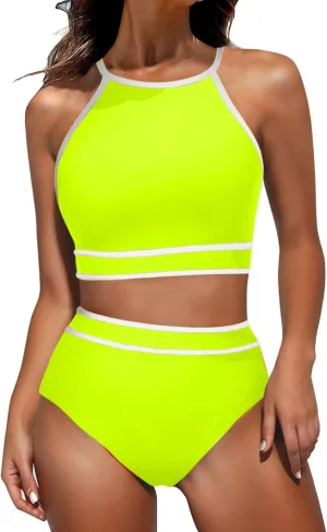 jsaierl Women Color Block Bikini Sets Tummy Control High Waisted Sporty Beach Swimwear Fashion Slimming 2 Piece Bathing Suits