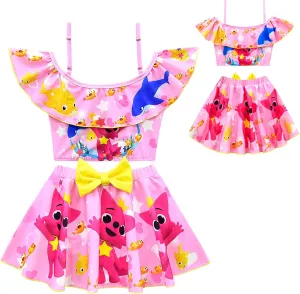 Kids Girls Swimwear,1/2 Piece Swimwear Set 2-9Years Off Shoulder Bikini Set 3D Printing Cute Sharks Bathing Suits for Girls