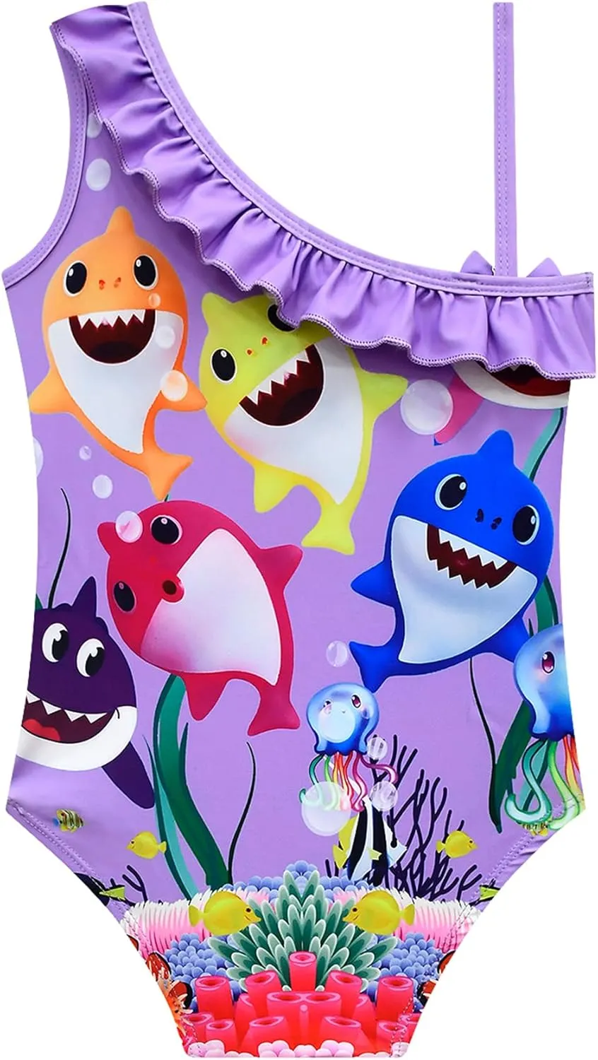 Kids Girls Swimwear,1/2 Piece Swimwear Set 2-9Years Off Shoulder Bikini Set 3D Printing Cute Sharks Bathing Suits for Girls