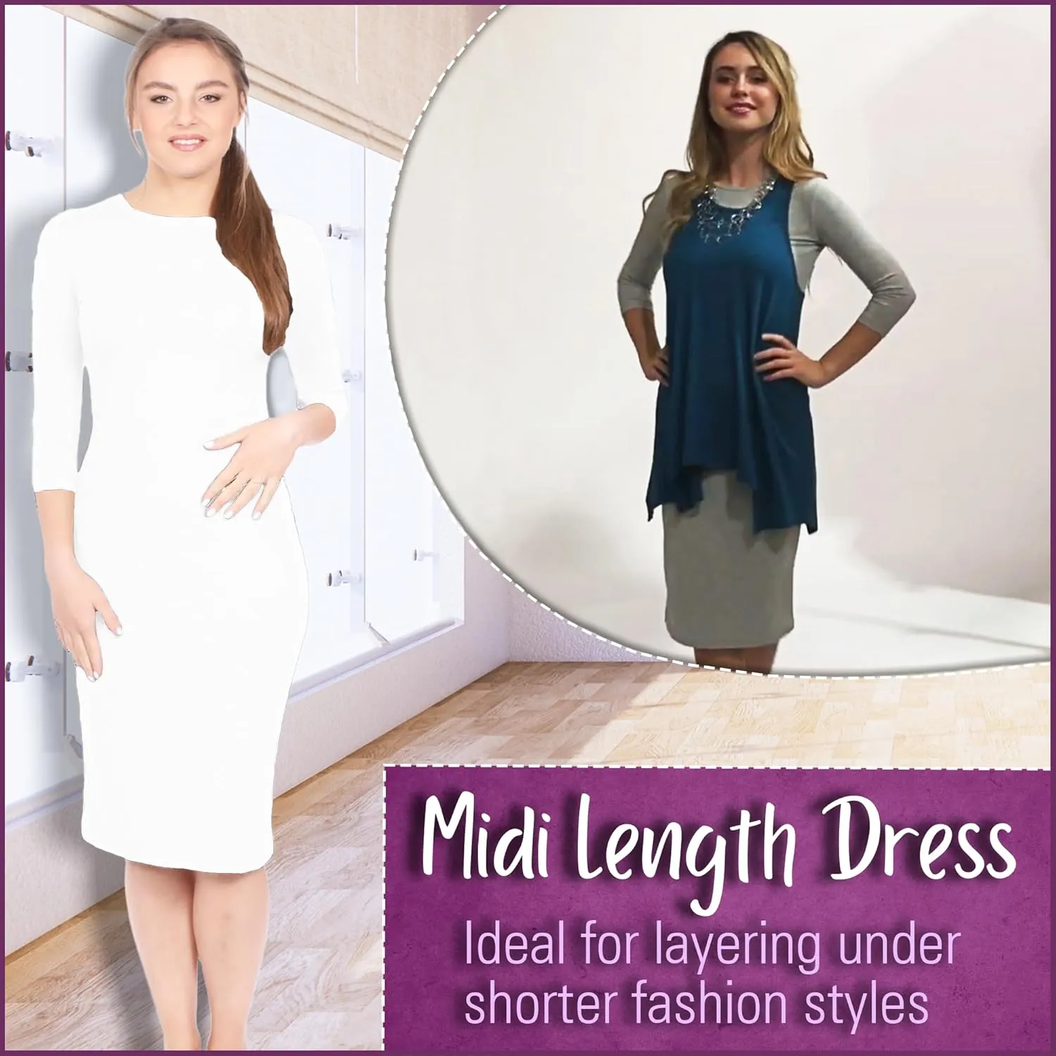 Kosher Casual Women's Modest Knee Length 3/4 Sleeve Layering Midi Dress