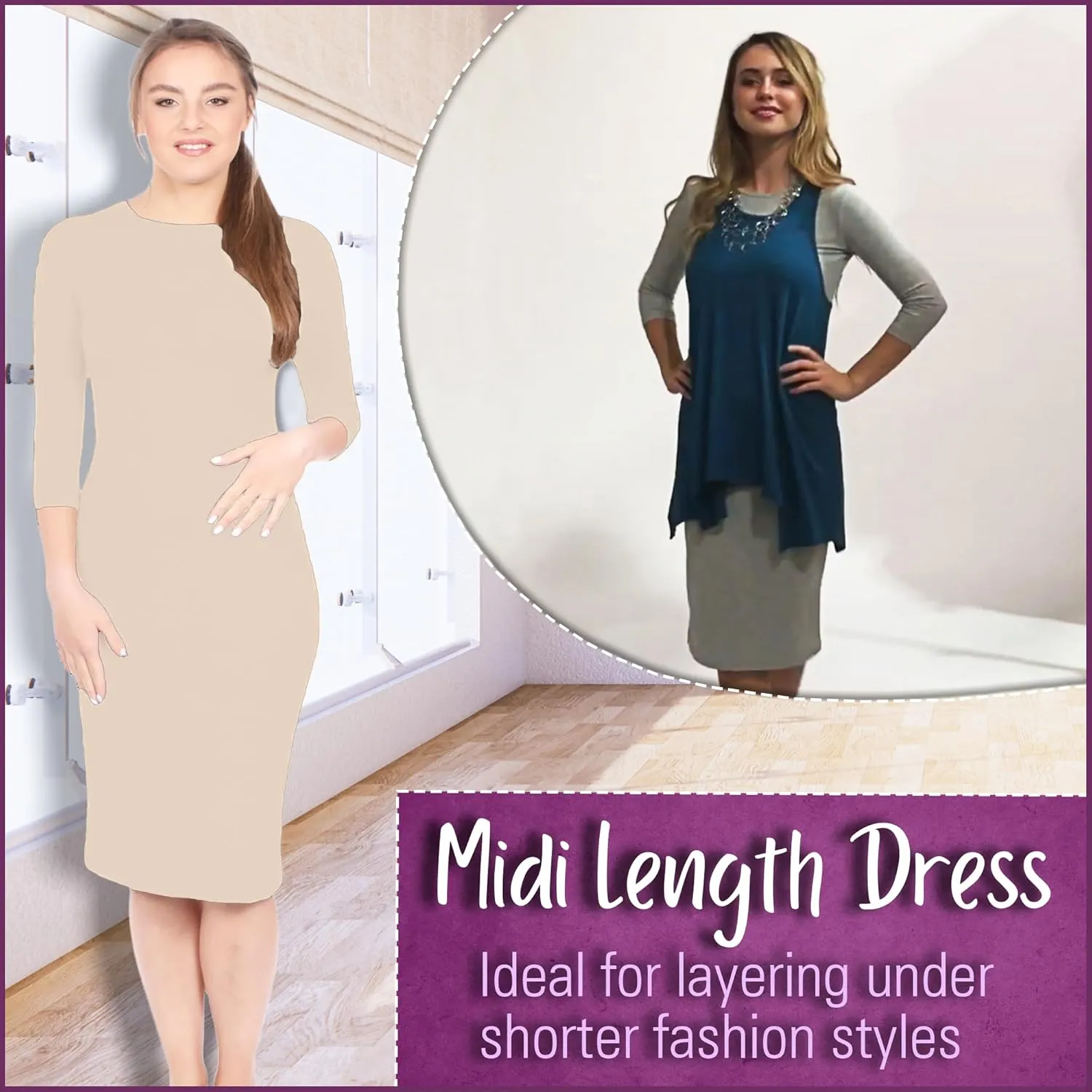 Kosher Casual Women's Modest Knee Length 3/4 Sleeve Layering Midi Dress