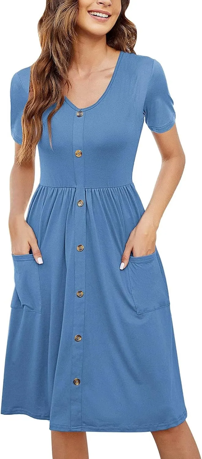 Ladies Dresses Classic Casual Short Flutter Sleeve V Neck Button Down Midi Dress with Pockets Spring Break Outfit Women