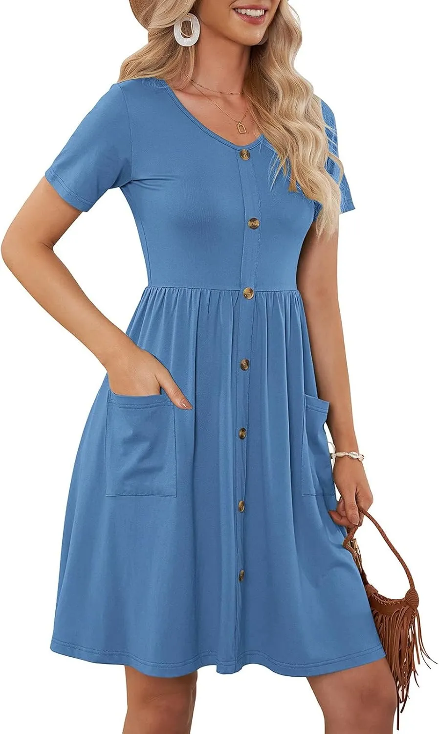 Ladies Dresses Classic Casual Short Flutter Sleeve V Neck Button Down Midi Dress with Pockets Spring Break Outfit Women