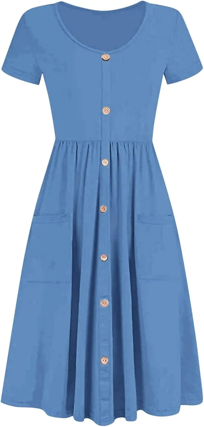 Ladies Dresses Classic Casual Short Flutter Sleeve V Neck Button Down Midi Dress with Pockets Spring Break Outfit Women