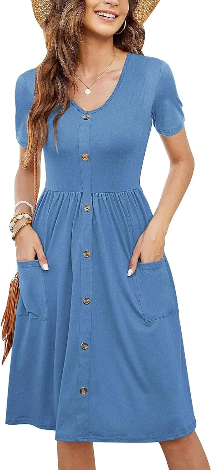 Ladies Dresses Classic Casual Short Flutter Sleeve V Neck Button Down Midi Dress with Pockets Spring Break Outfit Women