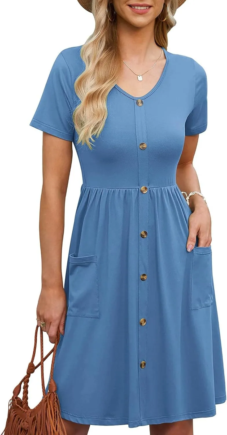 Ladies Dresses Classic Casual Short Flutter Sleeve V Neck Button Down Midi Dress with Pockets Spring Break Outfit Women