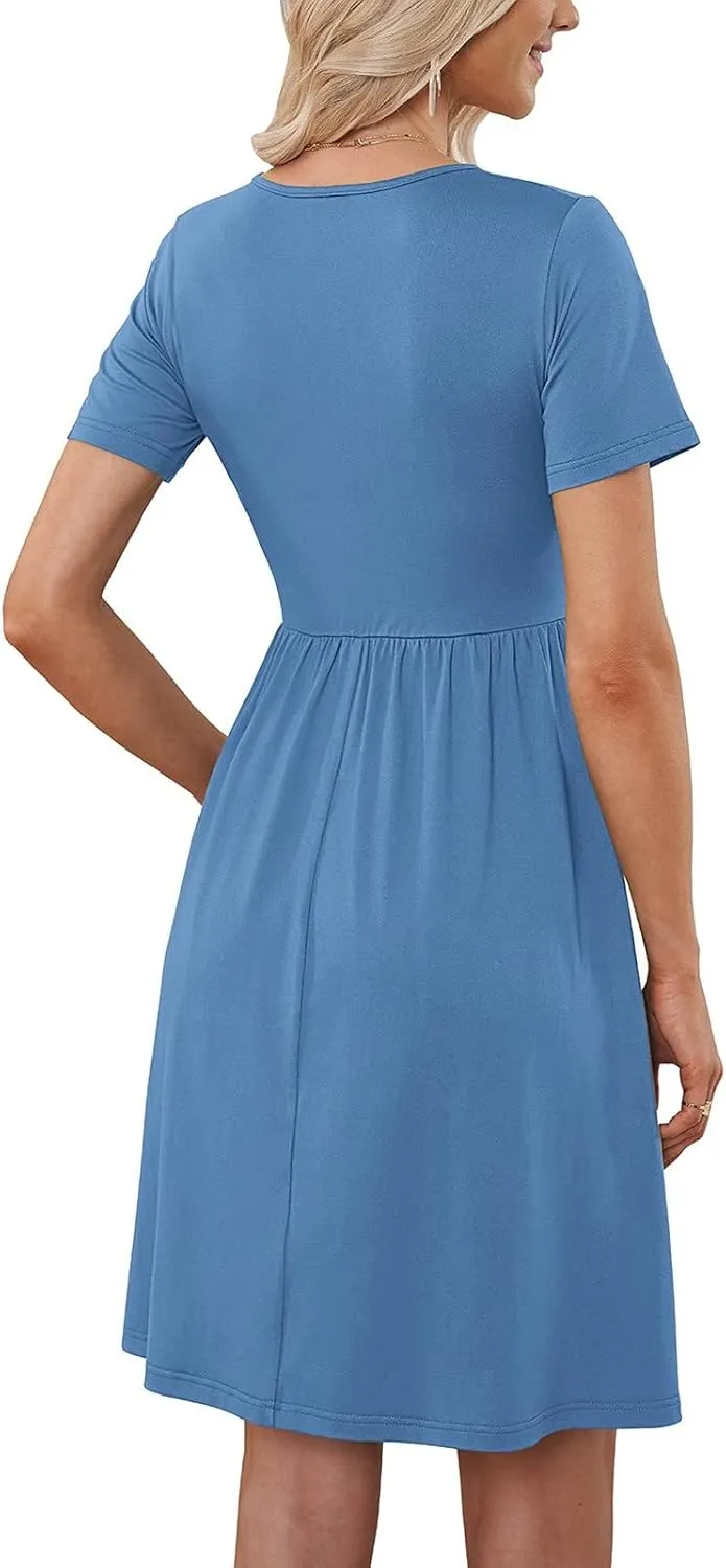 Ladies Dresses Classic Casual Short Flutter Sleeve V Neck Button Down Midi Dress with Pockets Spring Break Outfit Women