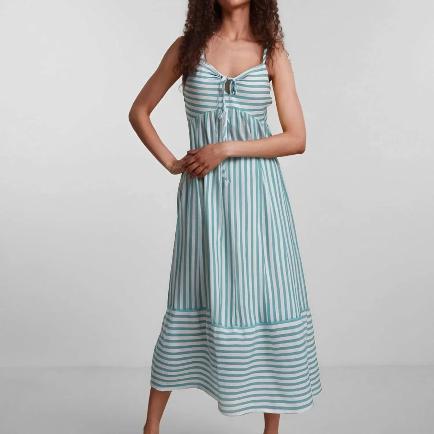 Ladies Dresses Comfy Boho Striped Patchwork Bow Tie Spaghetti Straps Empire Waist Maxi Dress Church Spring Break Clothes