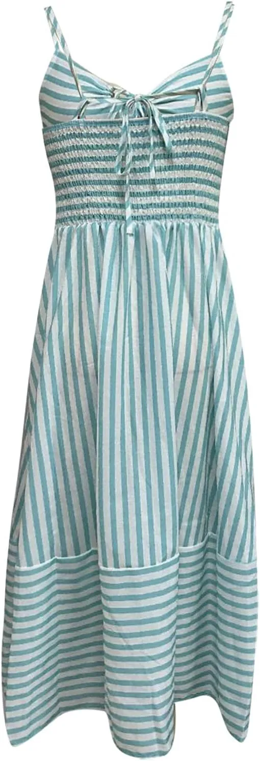 Ladies Dresses Comfy Boho Striped Patchwork Bow Tie Spaghetti Straps Empire Waist Maxi Dress Church Spring Break Clothes