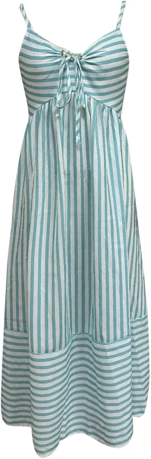 Ladies Dresses Comfy Boho Striped Patchwork Bow Tie Spaghetti Straps Empire Waist Maxi Dress Church Spring Break Clothes
