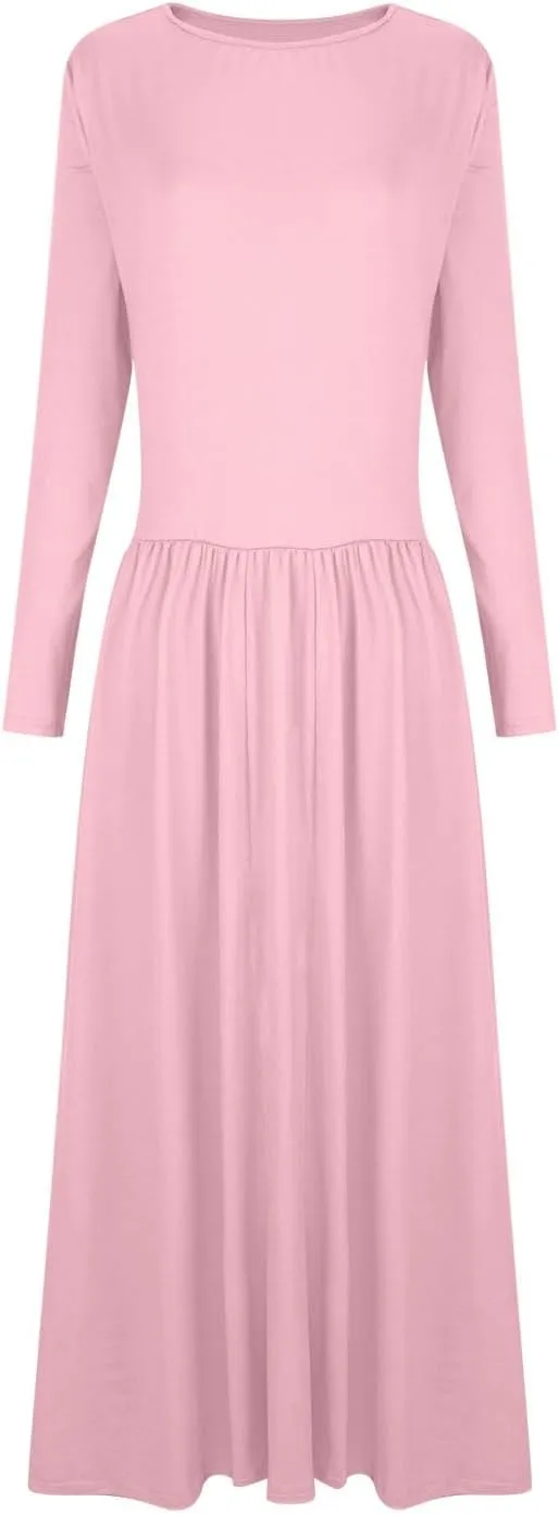 Ladies Dresses Fitted Lounge Boat Neck Long Sleeve Pleated Swing Maxi Funeral Dress Petite Summer Outfit for Women 2025