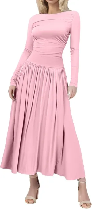 Ladies Dresses Fitted Lounge Boat Neck Long Sleeve Pleated Swing Maxi Funeral Dress Petite Summer Outfit for Women 2025