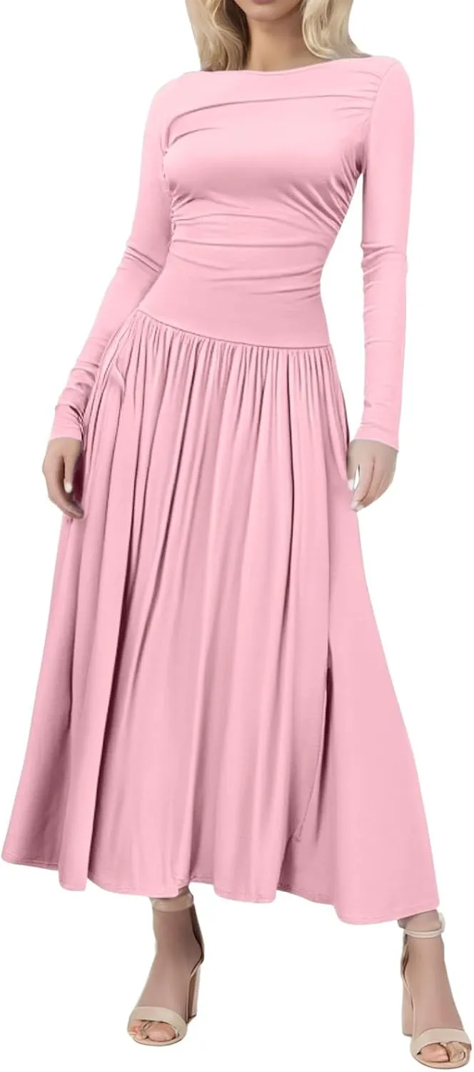 Ladies Dresses Fitted Lounge Boat Neck Long Sleeve Pleated Swing Maxi Funeral Dress Petite Summer Outfit for Women 2025