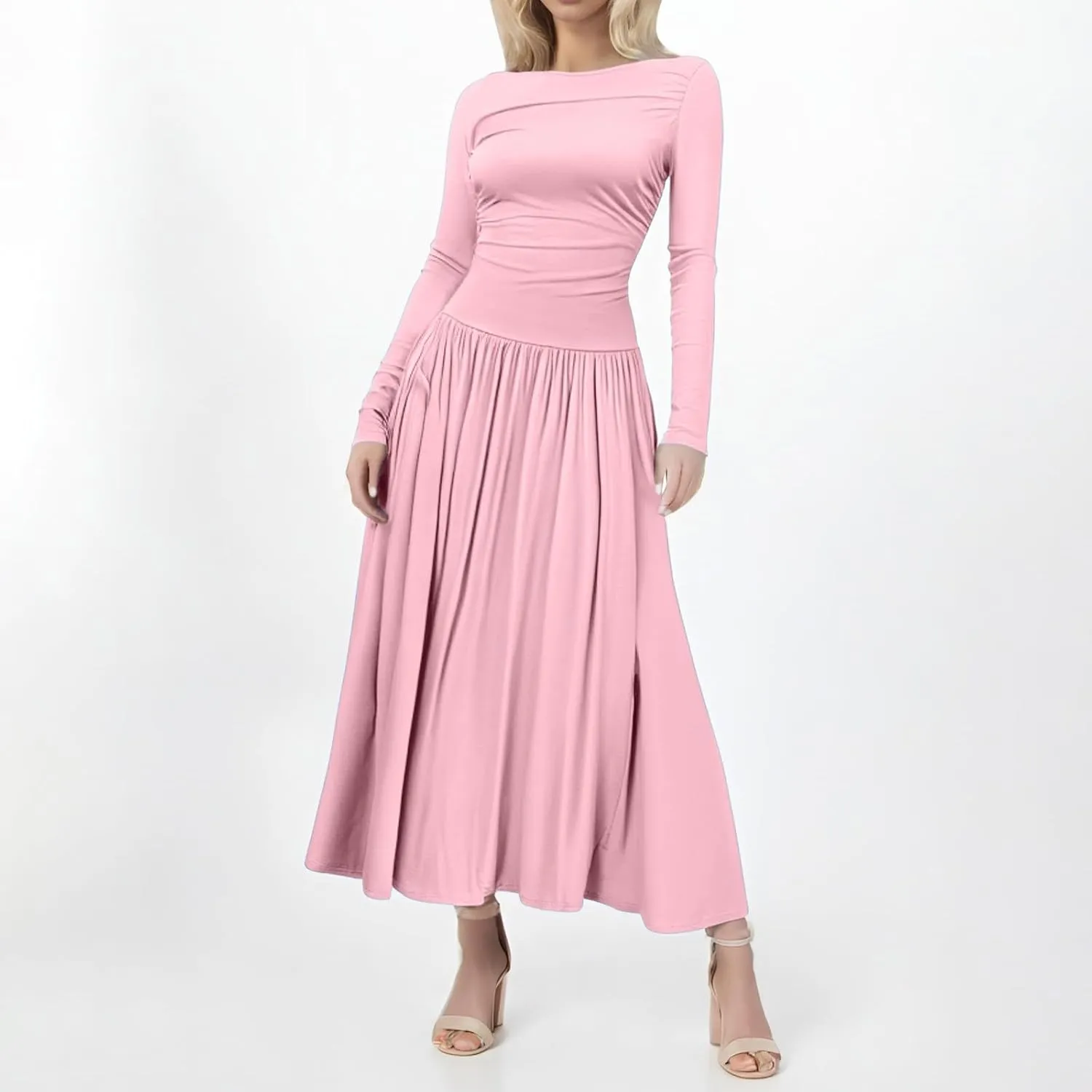 Ladies Dresses Fitted Lounge Boat Neck Long Sleeve Pleated Swing Maxi Funeral Dress Petite Summer Outfit for Women 2025