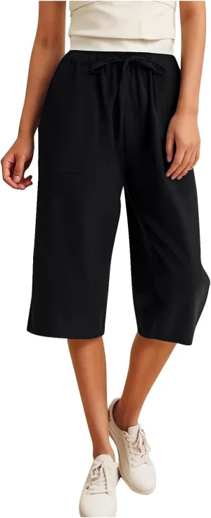 LEMONONSTORE Fashion Women's Capris Wide Leg Palazzo 7/8 Pants Lightweight Trousers Elastic Waist Shorts for Everyday Wear