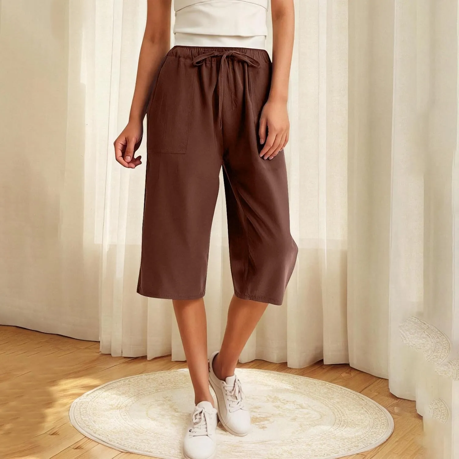 LEMONONSTORE Fashion Women's Capris Wide Leg Palazzo 7/8 Pants Lightweight Trousers Elastic Waist Shorts for Everyday Wear