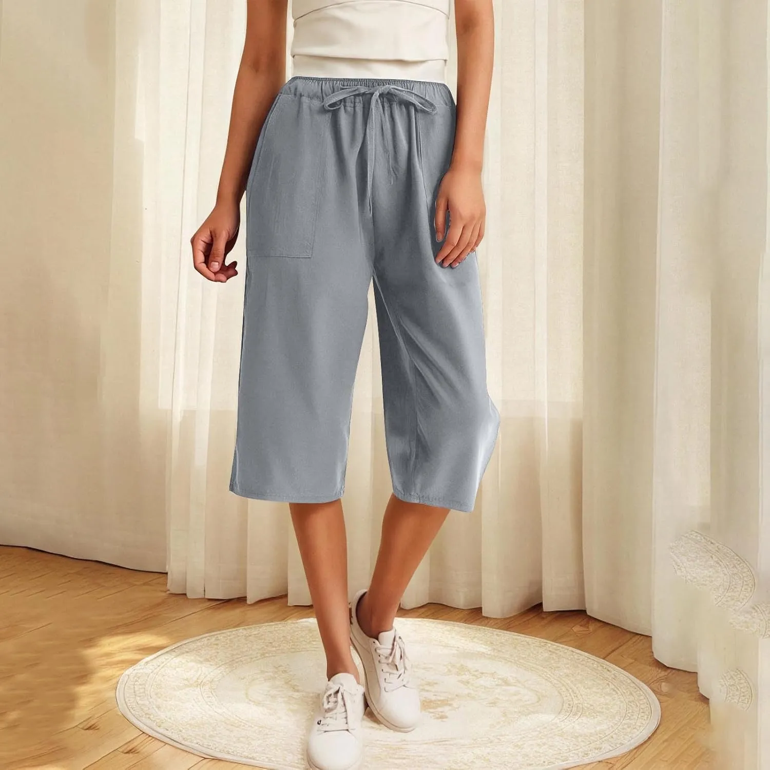 LEMONONSTORE Fashion Women's Capris Wide Leg Palazzo 7/8 Pants Lightweight Trousers Elastic Waist Shorts for Everyday Wear