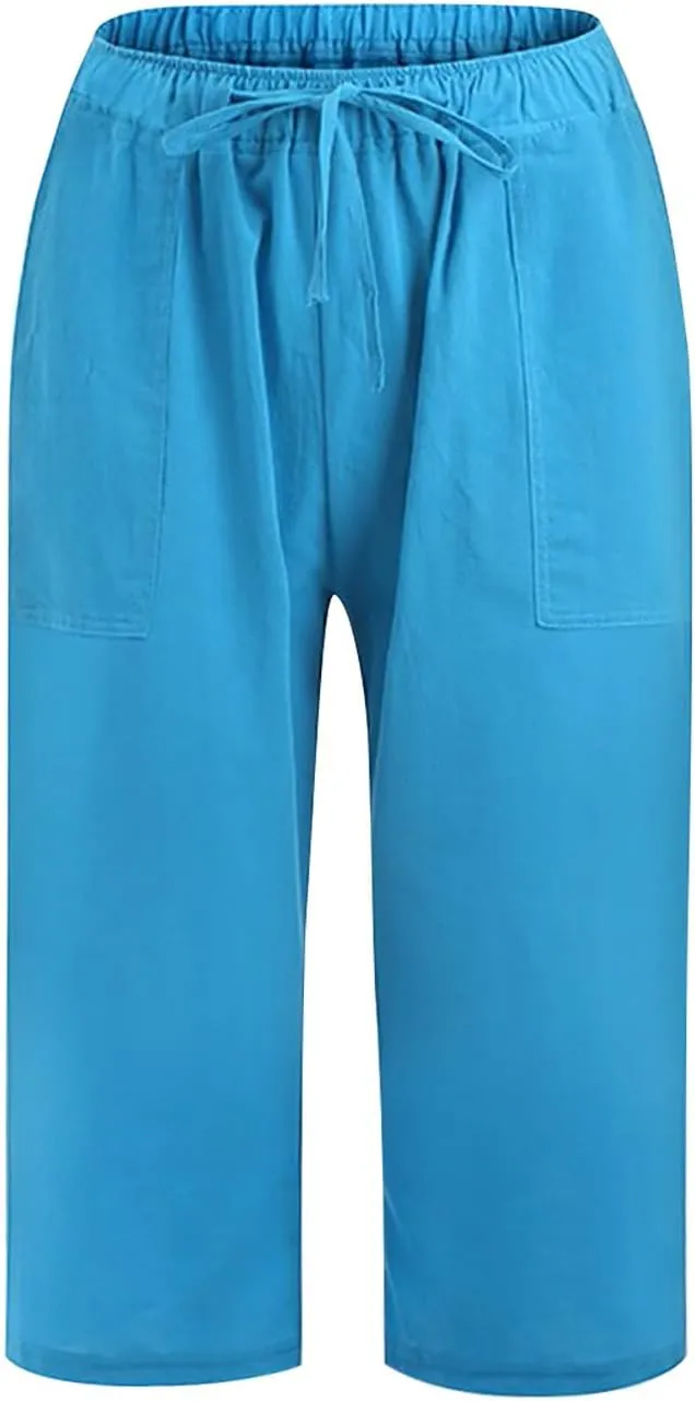 LEMONONSTORE Fashion Women's Capris Wide Leg Palazzo 7/8 Pants Lightweight Trousers Elastic Waist Shorts for Everyday Wear