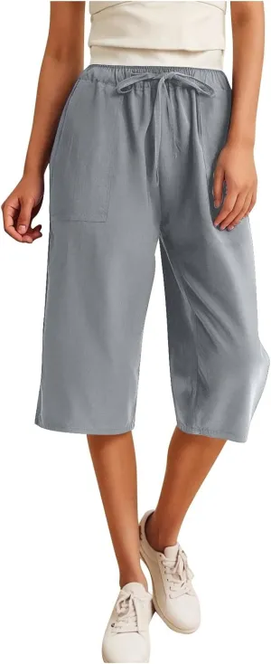 LEMONONSTORE Fashion Women's Capris Wide Leg Palazzo 7/8 Pants Lightweight Trousers Elastic Waist Shorts for Everyday Wear