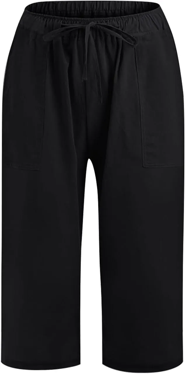 LEMONONSTORE Fashion Women's Capris Wide Leg Palazzo 7/8 Pants Lightweight Trousers Elastic Waist Shorts for Everyday Wear